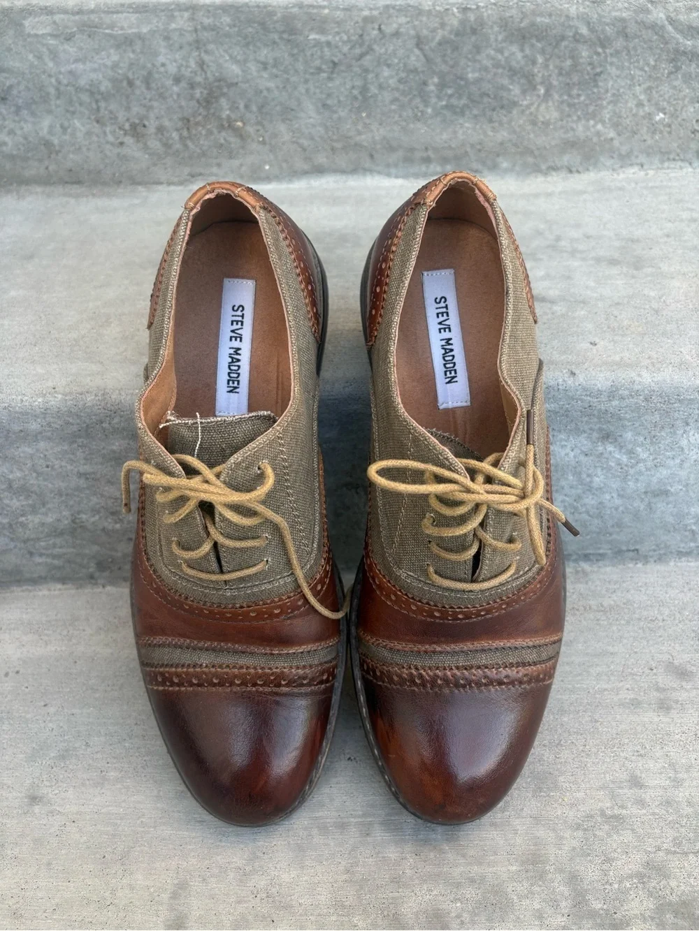 Steve Madden Camrin Brown Leather Canvas Lace Up Oxfords Size 8.5